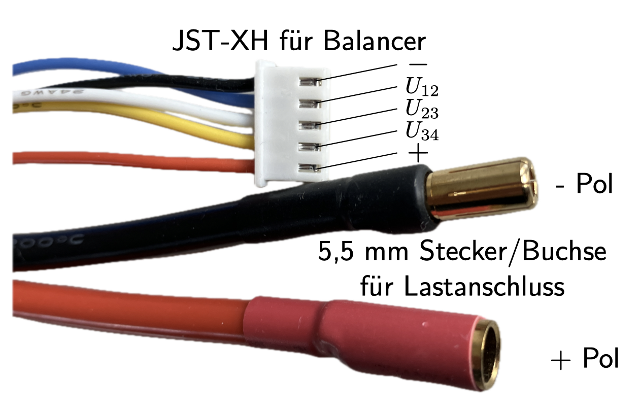 Dieser Alt-Text wurde noch nicht überprüft.

Zusammenfassung: Foto von mehreren Kabeln mit einem weißen 5-poligen JST‑XH‑Stecker und zwei 5,5‑mm‑Rundkontakten, einem schwarzen Stecker (−) und einer roten Buchse (+).

Detaillierte Beschreibung: In der Mitte befindet sich ein weißer 5-poliger JST‑XH‑Steckverbinder; links gehen fünf dünne, unterschiedlich farbige Leitungen ab (blau, gelb, weiß, gelb, orange). Rechts neben dem Stecker sind Linien mit Beschriftungen zu sehen: oben ein Minuszeichen, darunter U12, U23, U34, unten ein Pluszeichen; darüber steht „JST‑XH für Balancer“. Darunter verlaufen zwei dicke Silikonkabel: oben ein schwarzes Kabel mit vergoldetem 5,5‑mm‑Rundstecker, daneben die Aufschrift „− Pol“; darunter ein rotes Kabel mit vergoldeter 5,5‑mm‑Rundbuchse, daneben „+ Pol“. Rechts unten steht der Text „5,5 mm Stecker/Buchse für Lastanschluss“. Der Hintergrund ist weiß, der Fokus liegt auf den Anschlüssen.
