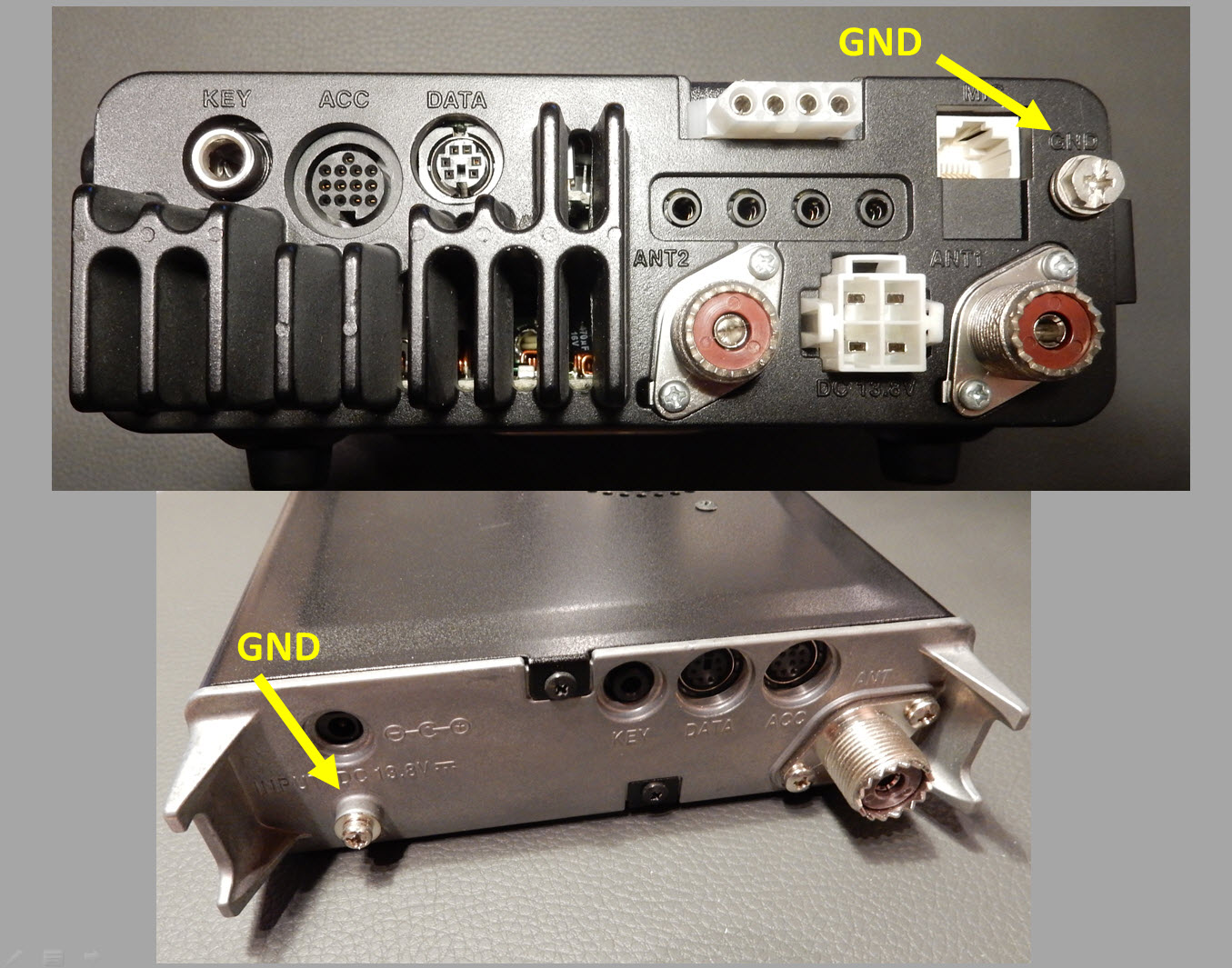 1) Kurzbeschreibung: Zwei Fotos mit den Rückseiten zweier Funkgeräte mit diversen Anschlüssen; gelbe Pfeile markieren jeweils eine als GND beschriftete Masse-Schraube.

2) Ausführliche Beschreibung: Die Abbildung besteht aus zwei Fotos mit den Rückseiten von Funkgeräten. Im oberen Foto ist eine schwarze Rückwand mit Kühlrippen links zu sehen. Rechts oben zeigt ein gelber Pfeil auf eine silberne Schraube mit gelber Beschriftung „GND“. Im unteren Foto ist die silbergraue Rückseite eines weiteren Geräts abgebildet. Links befindet sich eine durch einen gelben Pfeil mit „GND“ markierte Schraube.