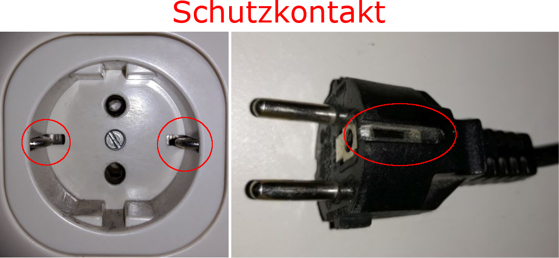 1) Kurzbeschreibung: Weiße Schutzkontakt-Steckdose (links) und schwarzer Netzstecker (rechts); rote Markierungen für die seitlichen Schutzkontakte.

2) Ausführliche Beschreibung: Die Abbildung besteht aus zwei Fotos. Links ist eine weiße Einbausteckdose mit Schutzkontakten zu sehen. Rechts ist ein schwarzer Netzstecker mit seitlichen Schutzkontaktstreifen zu sehen. Bei beiden Fotos sind die Schutzkontakte jeweils durch rote Markierungen hervorgehoben.