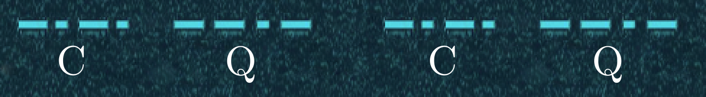 Der folgende Alt-Text wurde noch nicht geprüft: Kurzfassung: Breites Bannerbild mit dunklem, rauschartigem Hintergrund, auf dem hellblau leuchtende horizontale Balken in wiederholten Mustern sowie die weißen Buchstaben C und Q zu sehen sind.

Detaillierte Beschreibung: Das Bild zeigt eine dunkelblau-türkise, körnig-rauschige Fläche, ähnlich einer Spektrums- oder Wasserfallanzeige. Darauf verlaufen mehrere Reihen hellblauer, rechteckiger Balken horizontal von links nach rechts, jeweils in Gruppen aus kürzeren und längeren Segmenten mit kleinen Abständen dazwischen. Zwischen den Balkengruppen sind Lücken, sodass zwei ähnliche Musterfolgen erkennbar sind: einmal links der Bildmitte und ein weiteres Mal im rechten Drittel. Unter den linken Balken steht unten in großer, weißer Serifenschrift der Buchstabe C, etwas weiter rechts daneben der Buchstabe Q; dasselbe wiederholt sich weiter rechts mit erneut einem C und anschließend einem Q. Die Balken wirken leicht leuchtend und heben sich deutlich vom dunklen, texturierten Hintergrund ab.