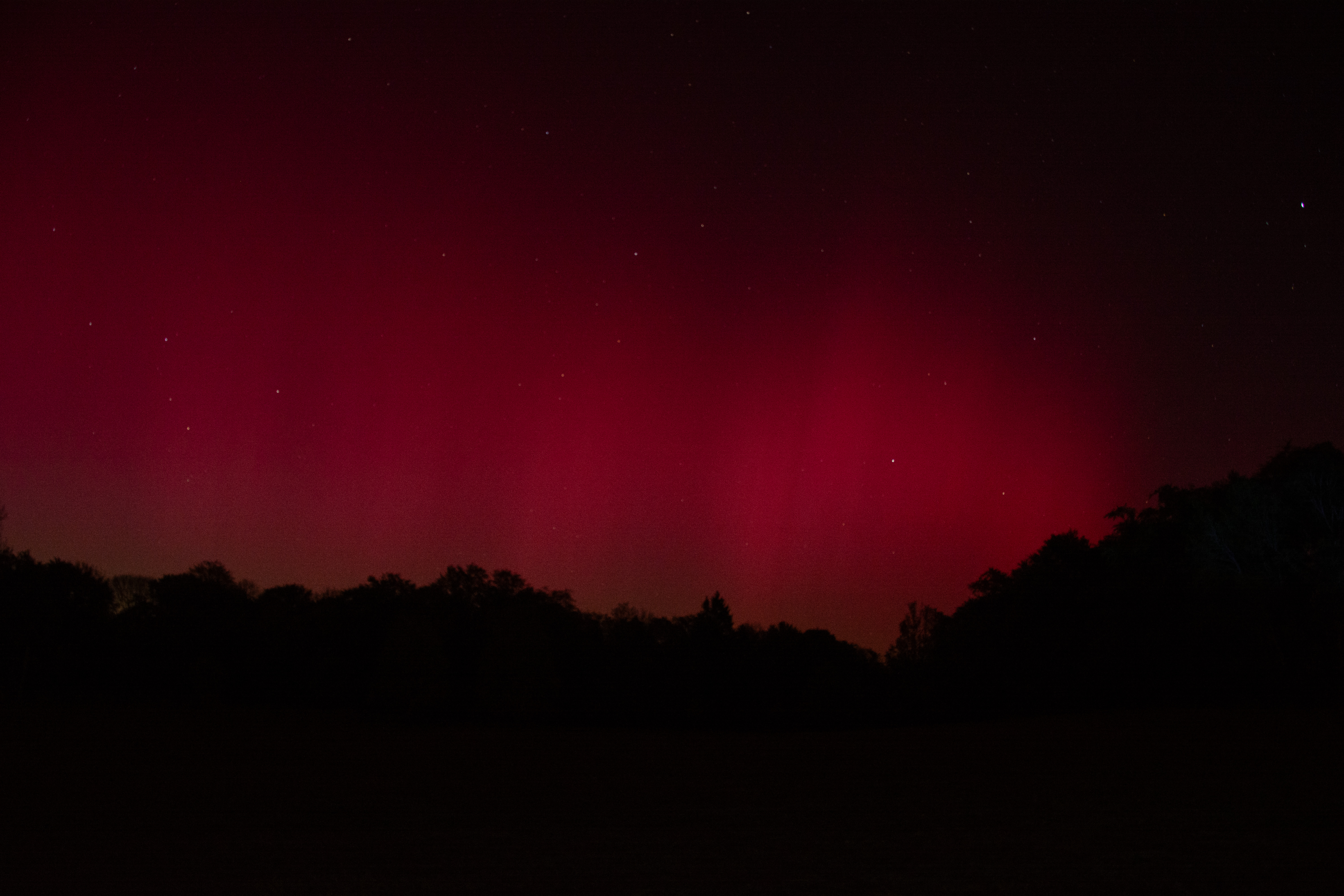 Der folgende Alt-Text wurde noch nicht geprüft: 1. Zusammenfassung: Nachthimmel mit rotem, vertikal gestreiftem Leuchten über der dunklen Silhouette eines Wald- oder Baumrands, einzelne Sterne sind sichtbar.

2. Detaillierte Beschreibung: Das Bild zeigt eine weite, horizontale Landschaft in der Nacht; unten ist eine fast schwarze Fläche, darüber eine ununterbrochene, unbeleuchtete Baumlinie mit unregelmäßigen Konturen, rechts etwas höher ansteigend. Über dem Horizont füllt ein intensives rötliches Leuchten den unteren und mittleren Teil des Himmels, mit sanftem Farbverlauf von dunklem Rot unten zu dunklem Purpur bis Schwarz nach oben. Innerhalb des roten Bereichs sind mehrere senkrechte, leicht hellere Streifen erkennbar, die wie Lichtvorhänge wirken. Im oberen Bilddrittel wird der Himmel nahezu schwarz, mit spärlich verteilten, kleinen weißen Sternpunkten. Es sind keine Personen, Gebäude, Straßenlichter oder technischen Anlagen zu sehen; die Szene wirkt natürlich und dunkel, mit starkem Kontrast zwischen der schwarzen Landschaft und dem roten Himmelsleuchten.