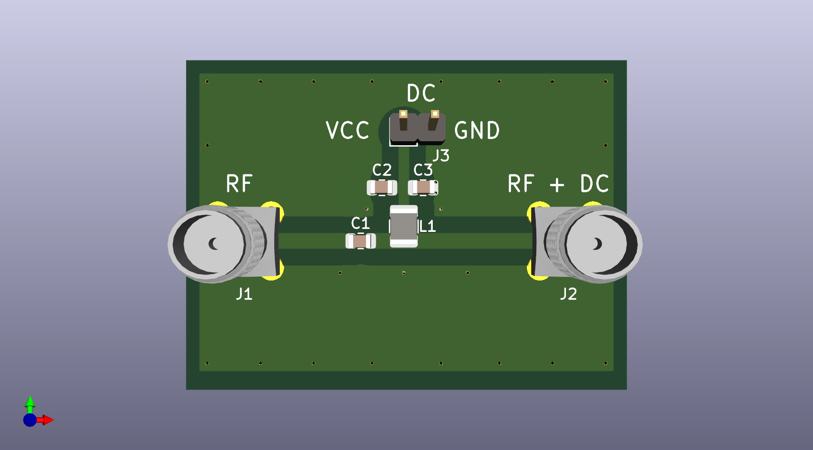 Der folgende Alt-Text wurde noch nicht geprüft: Kurzbeschreibung: Obenansicht eines 3D-Renderings einer grünen Leiterplatte mit zwei runden Koaxialanschlüssen links (J1, „RF“) und rechts (J2, „RF + DC“), einer breiten Leiterbahn dazwischen sowie mehreren beschrifteten SMD-Bauteilen und einer zweipoligen DC-Stiftleiste.

Detailbeschreibung: Rechteckige, dunkelgrüne Leiterplatte mit gelblichen Lötaugen und mehreren kleinen Befestigungsbohrungen nahe den Rändern. Links und rechts sitzt jeweils ein silberner, runder Flansch‑Koaxanschluss; unter ihnen sind „J1“ (links) mit der Aufschrift „RF“ und „J2“ (rechts) mit der Aufschrift „RF + DC“ aufgedruckt. Zwischen den Anschlüssen verläuft mittig eine breite horizontale Leiterbahn. Auf und über dieser Leiterbahn sind SMD-Bauteile platziert und beschriftet: nahe der linken Hälfte „C1“, in der Mitte ein weißes, quaderförmiges Bauteil „L1“, darüber zwei kleine SMDs „C2“ und „C3“. Oberhalb davon befindet sich ein zweipoliger Stiftleistenanschluss „J3“ mit aufgestecktem Jumper; darüber steht „DC“, links davon „VCC“ und rechts „GND“. Der Hintergrund zeigt einen hellen Farbverlauf, unten links ist eine kleine 3D-Achsenanzeige mit roten, grünen und blauen Pfeilen zu sehen.
